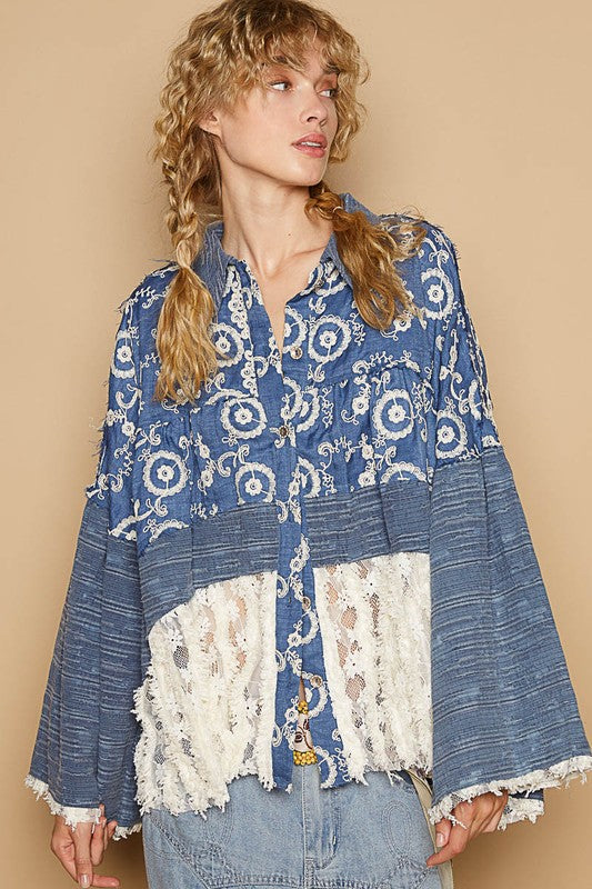 POL Lace Hem Embroidered Long Sleeve Shirt - felvior