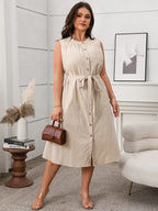 Plus Size Button Front Tie Waist Sleeveless Dress