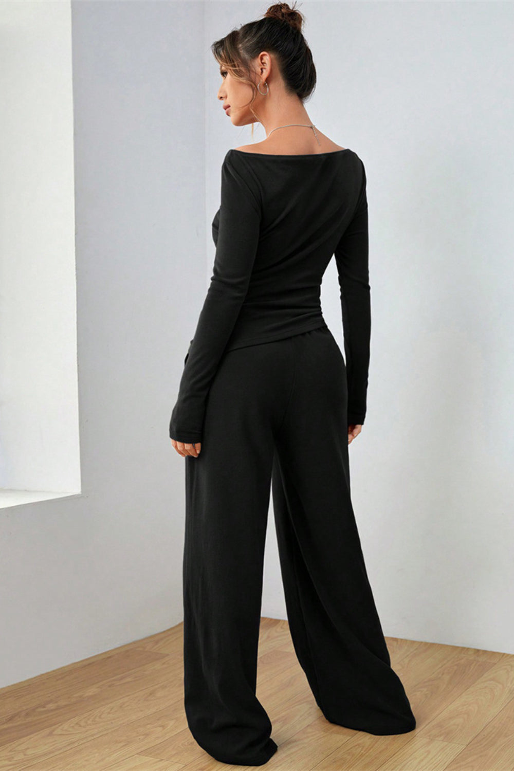 Boat Neck Long Sleeve Top and Pants Set - felvior