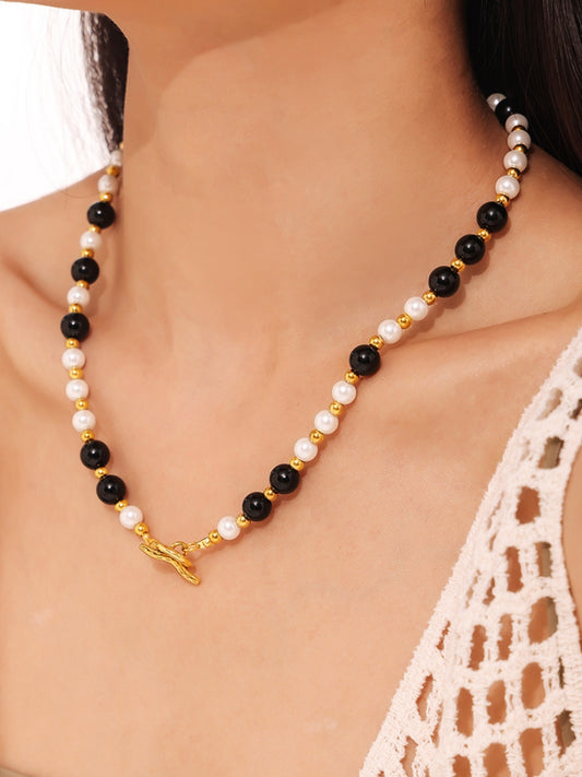 Stainless Steel Agate Shell Bead Necklace - felvior