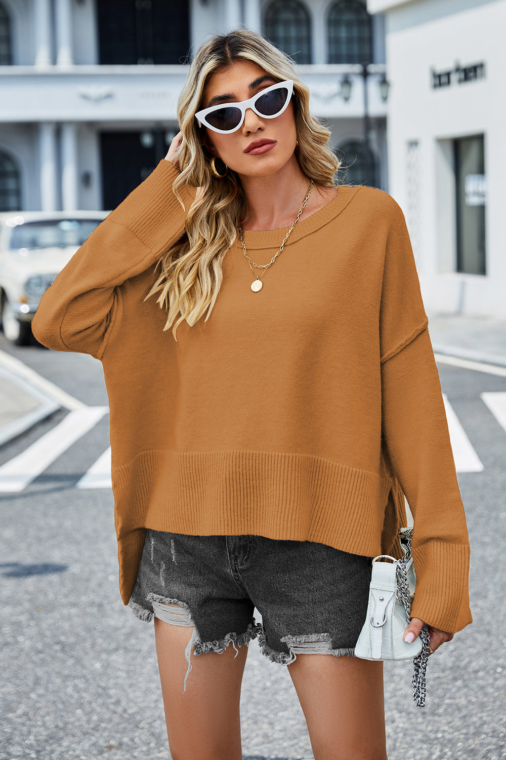 High-Low Slit Round Neck Long Sleeve Sweater - felvior