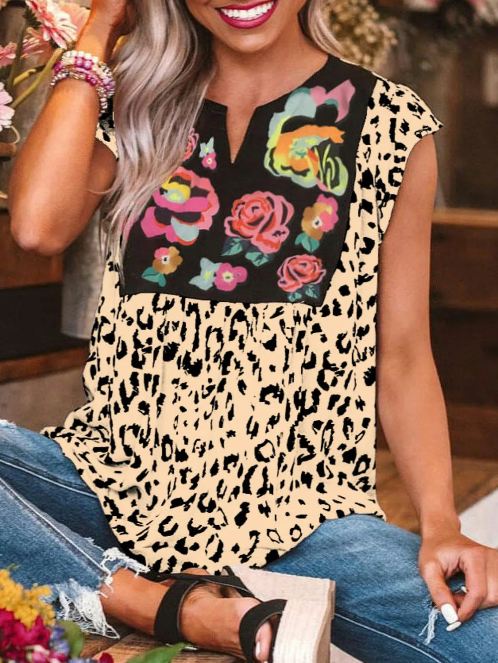 Full Size Leopard Floral Notched Cap Sleeve Blouse Plus Size