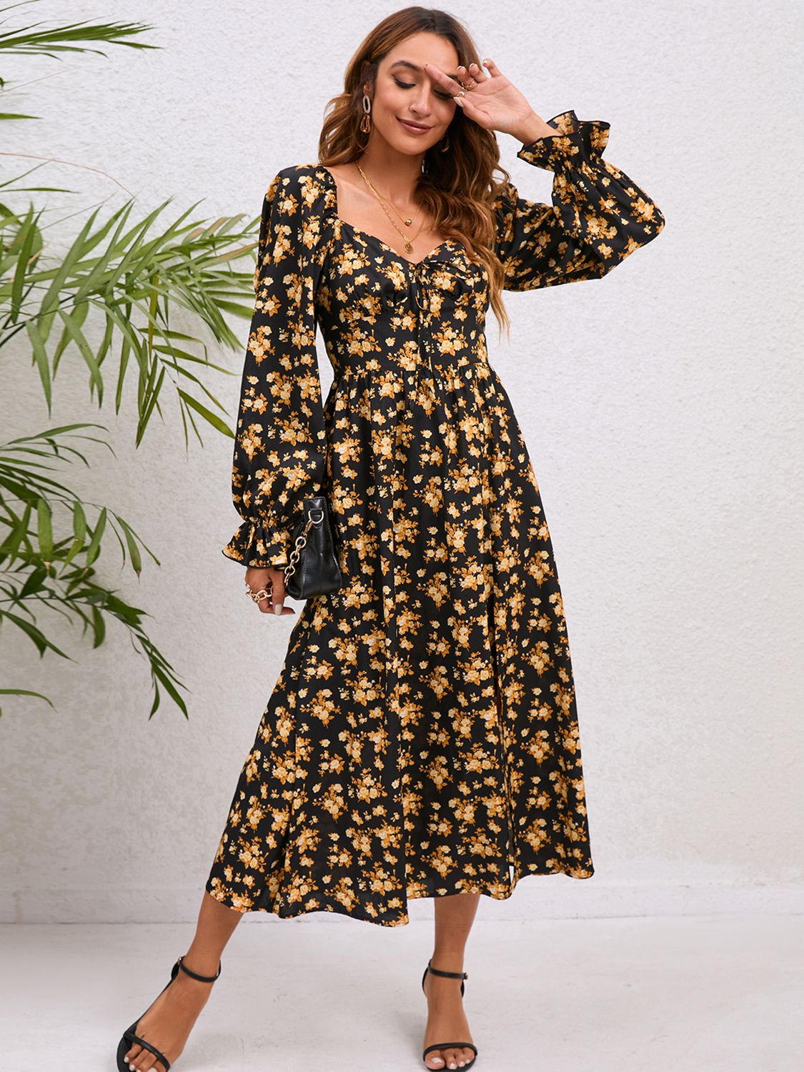 Flounce Sleeve Slit Midi Dress - felvior