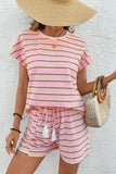 Stripe Wide Short Sleeve Tee and Short Set - felvior