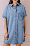 Button Down Short Sleeve Denim Dress - felvior
