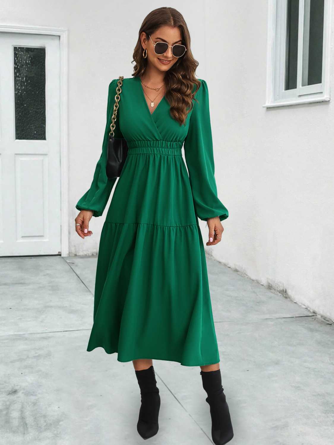Surplice Neck Long Sleeve Midi Dress - felvior
