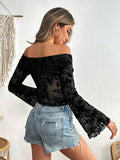 Off-Shoulder Flare Sleeve Lace Top - felvior