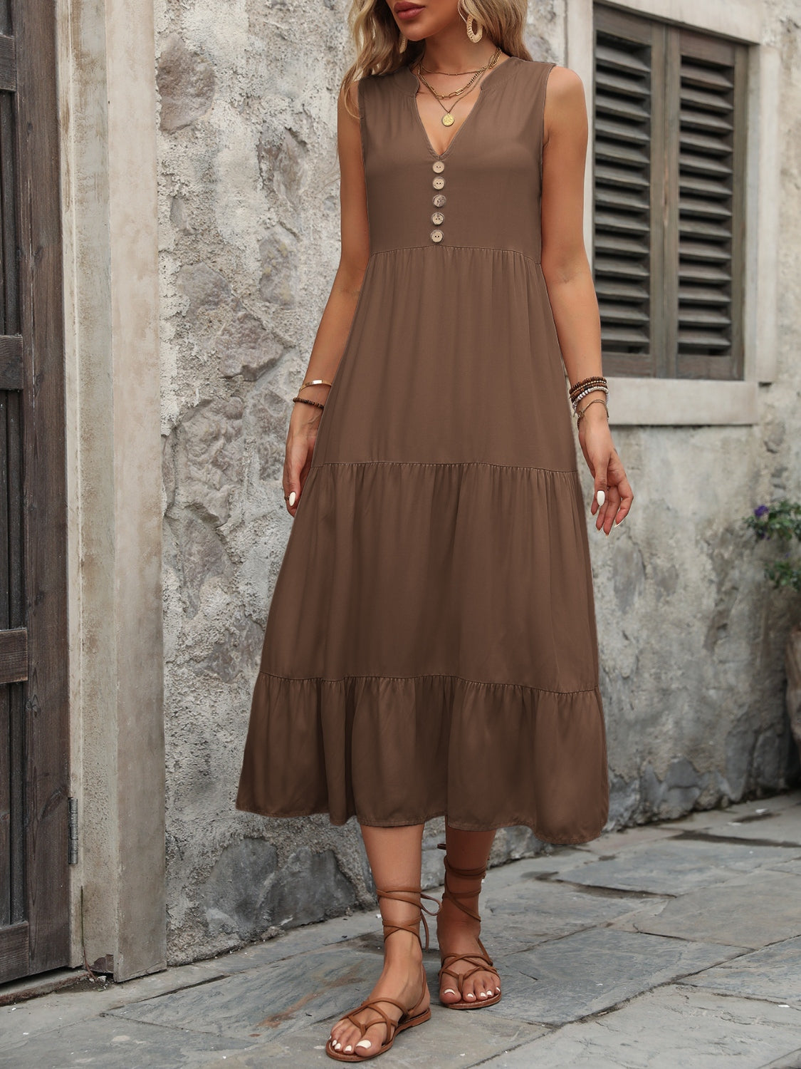 Ivy Lane Decorative Button Notched Sleeveless Dress - felvior