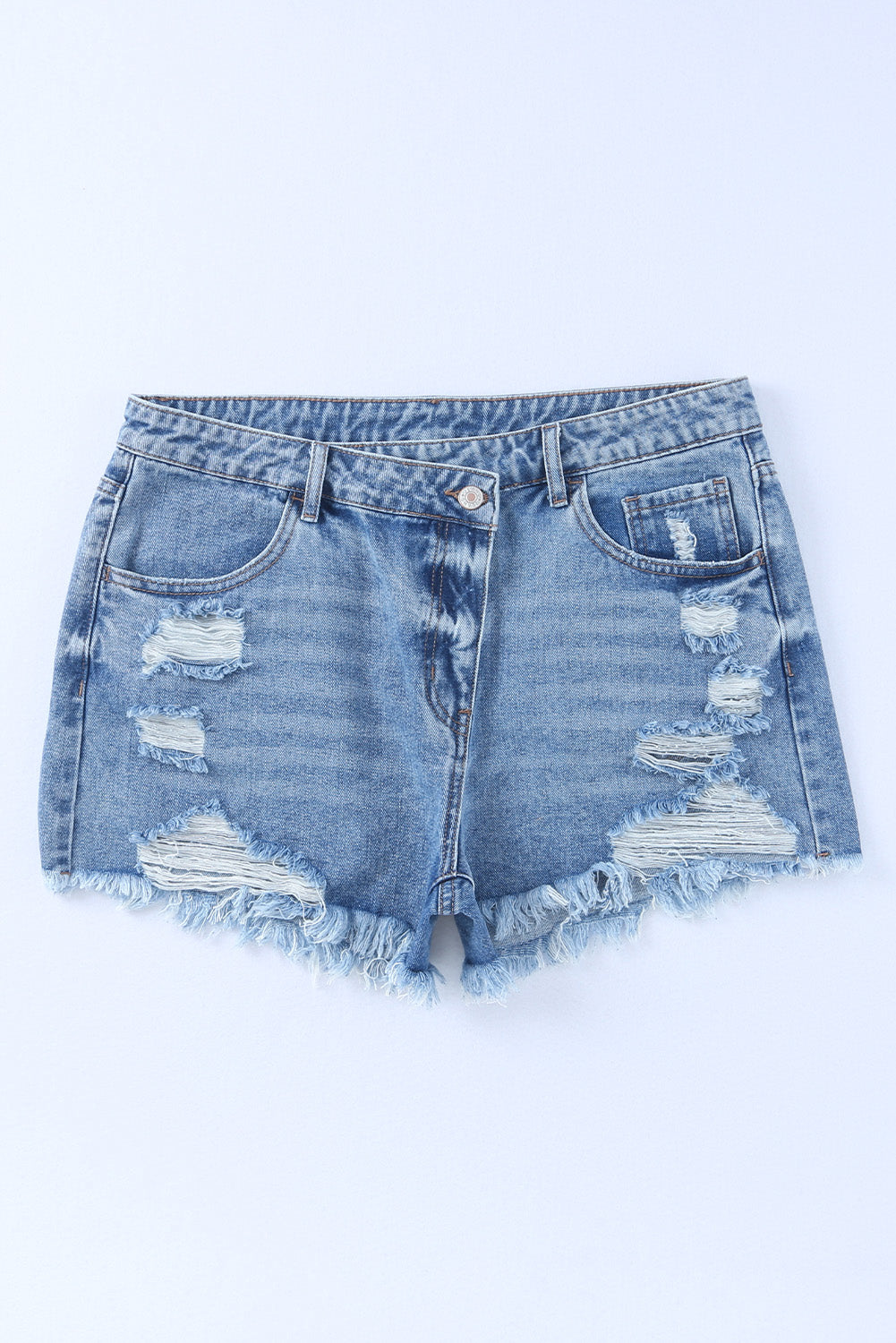 High Rise Crossover Waist Denim Shorts - felvior