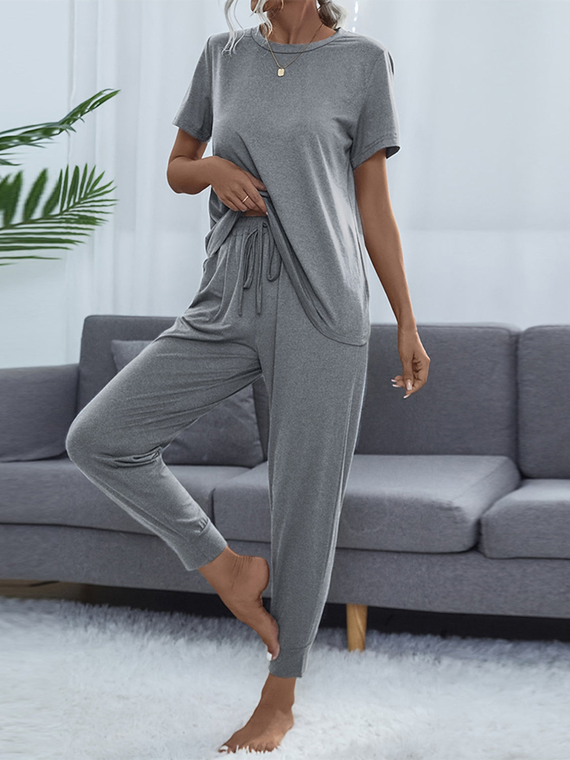 Shiny Round Neck Short Sleeve Top and Pants Set - felvior