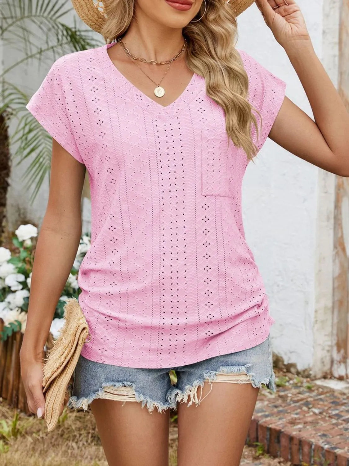 Eyelet V-Neck Short Sleeve Top - felvior