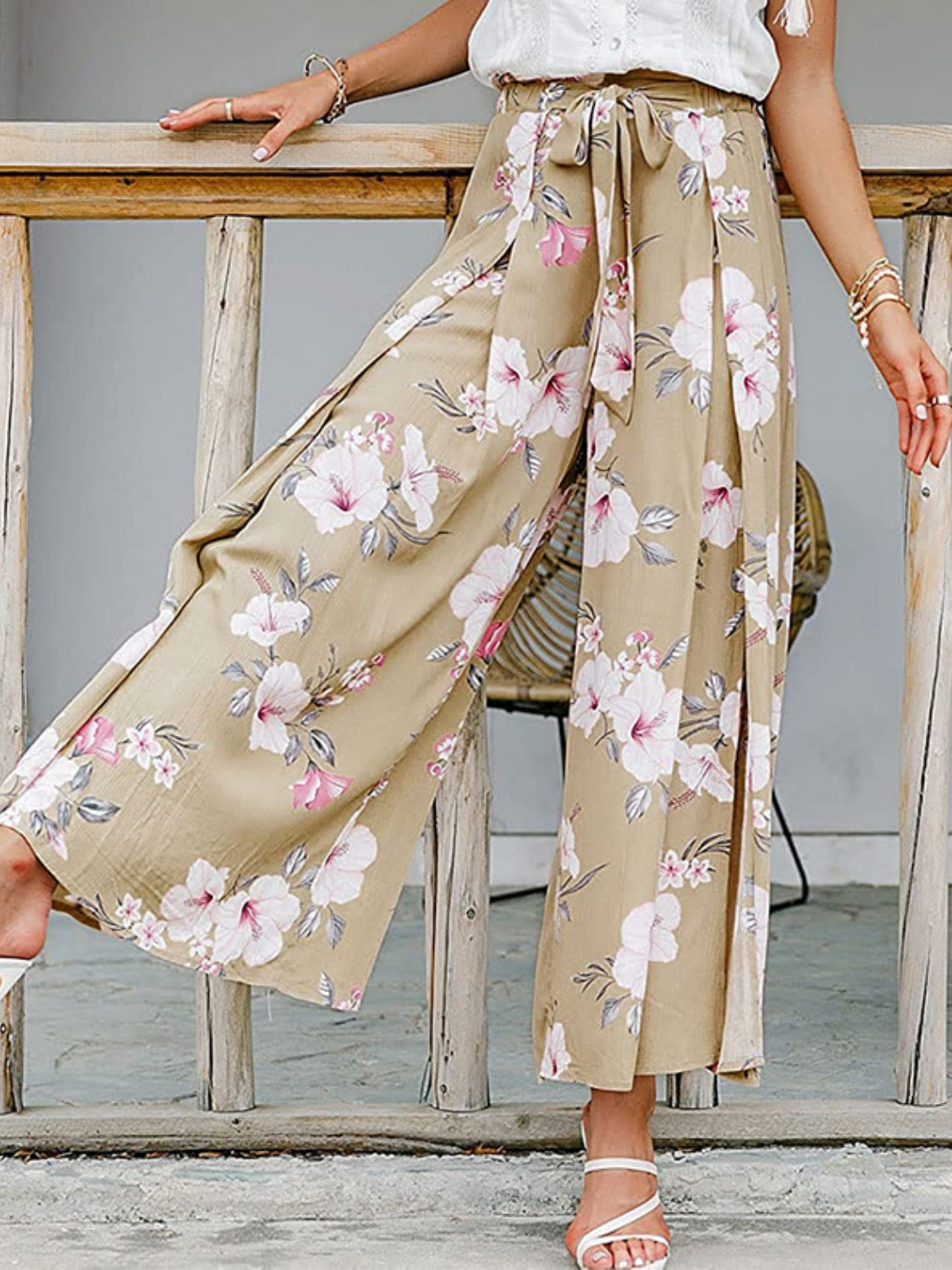 Tied Waist Slit Floral Wide leg Pants - felvior