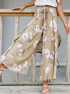 Tied Waist Slit Floral Wide leg Pants
