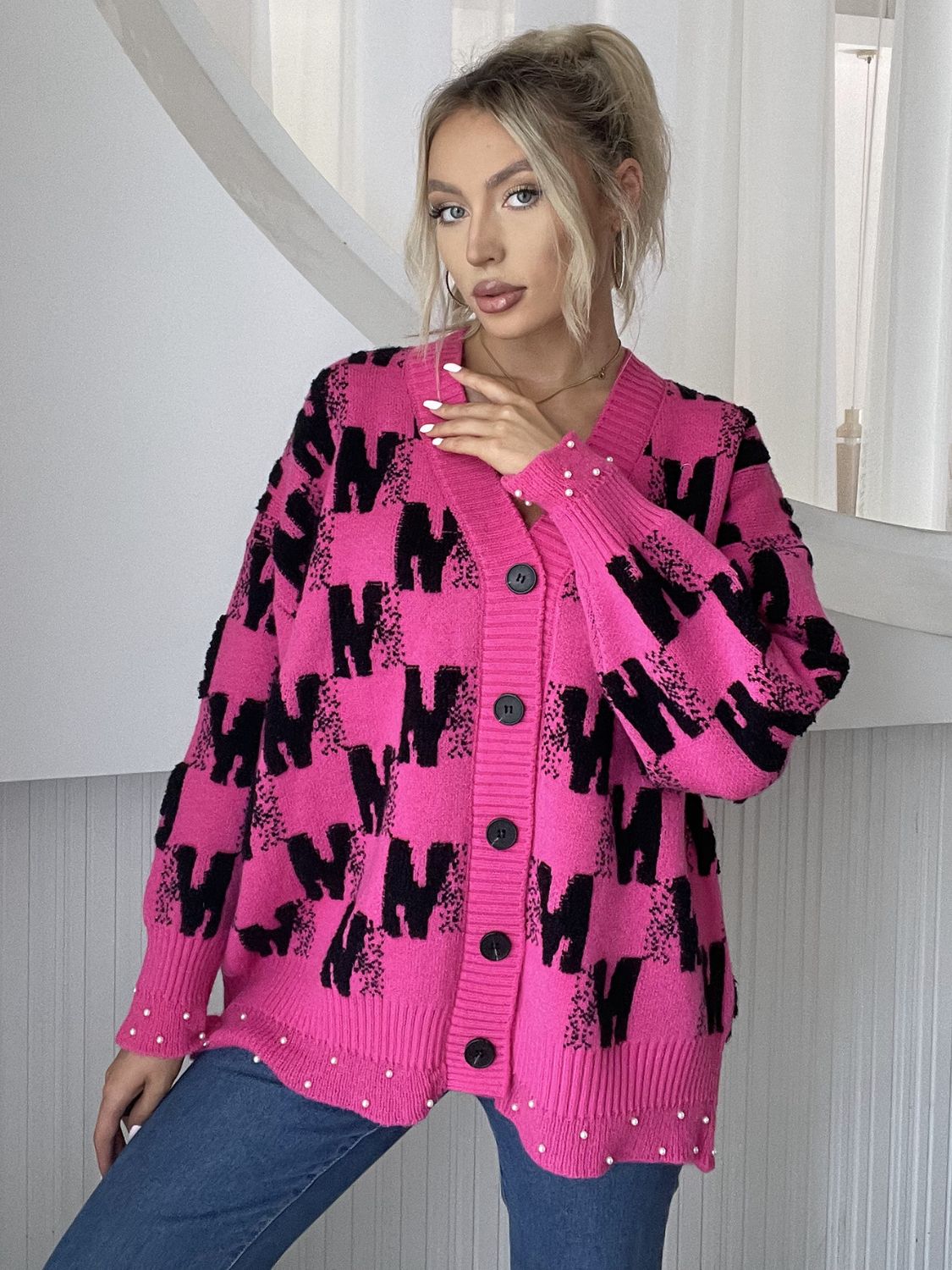 Pearl Trim V-Neck Button Up Cardigan - felvior
