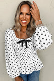 Bow Polka Dot Square Neck Long Sleeve Blouse - felvior