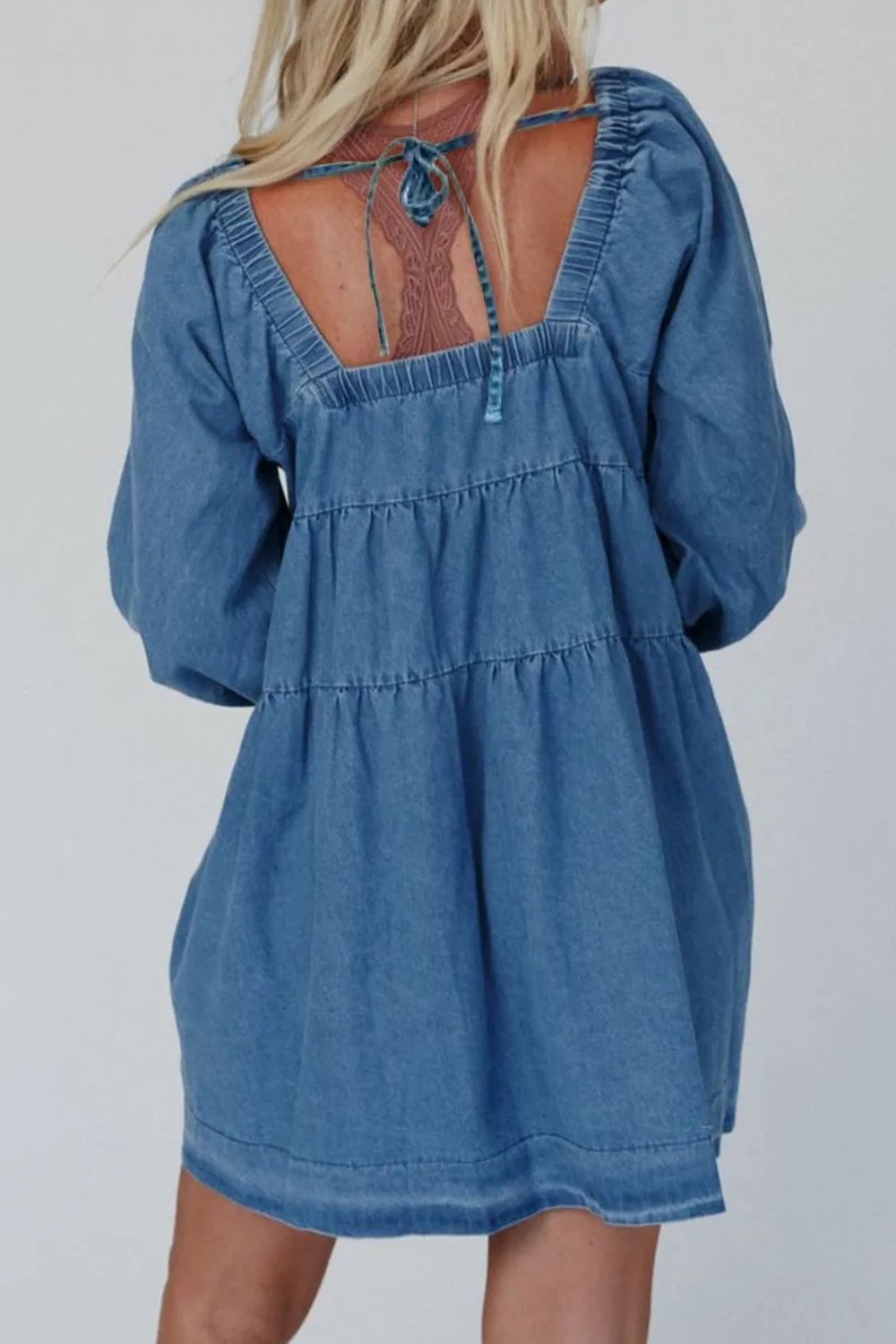 Tied Square Neck Long Sleeve Denim Dress with Pockets Zweitbild