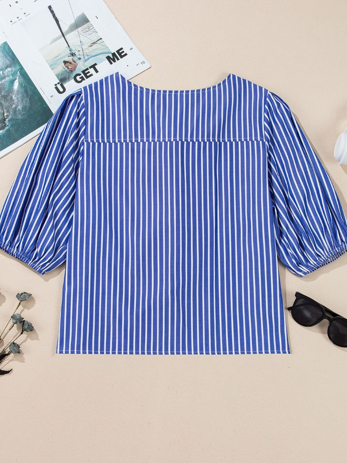 Stripe Tied Front Puff Short Sleeve Top - felvior