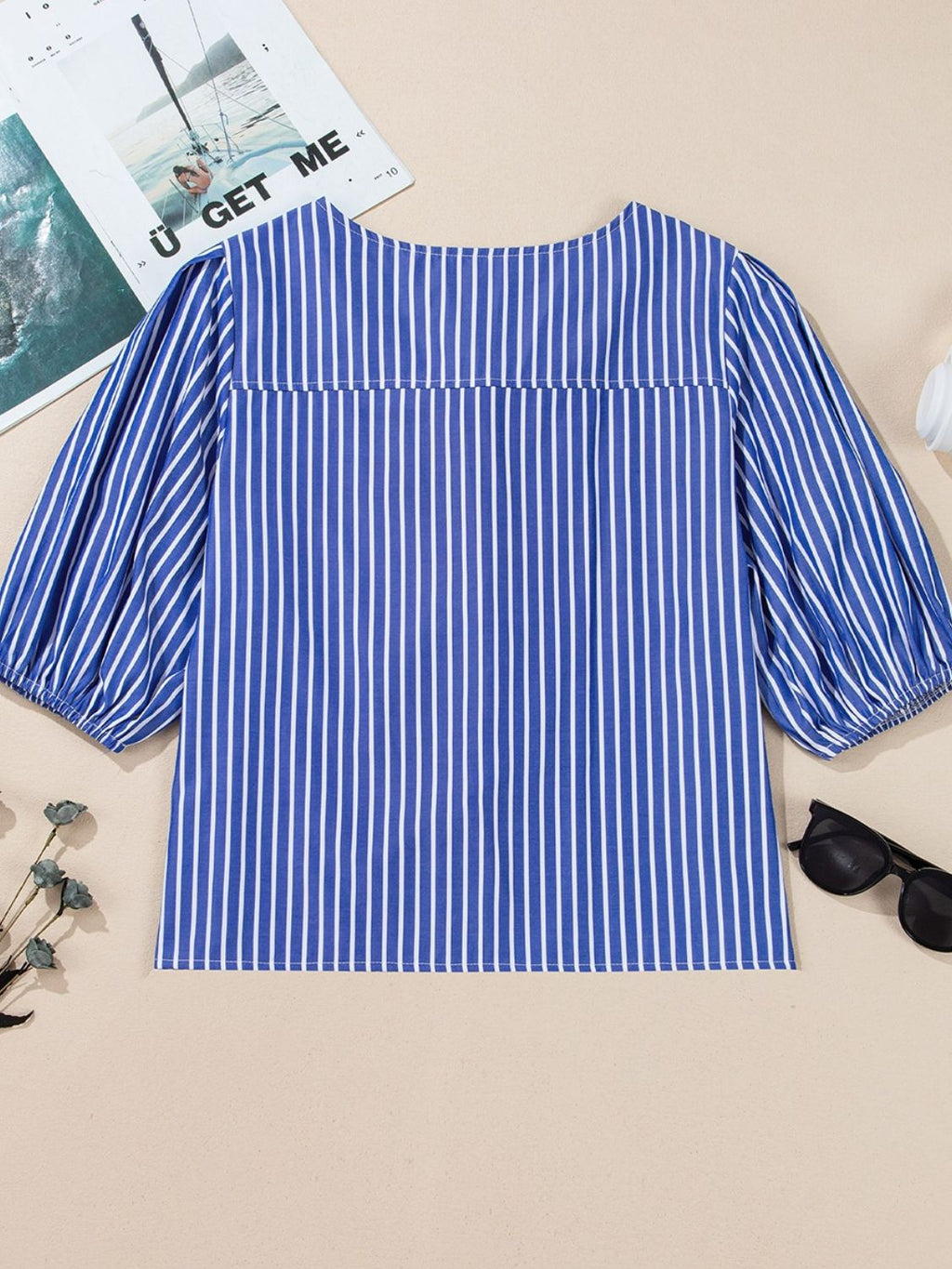 Stripe Tied Front Puff Short Sleeve Top