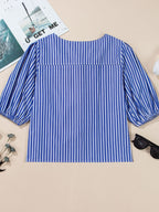 Stripe Tied Front Puff Short Sleeve Top