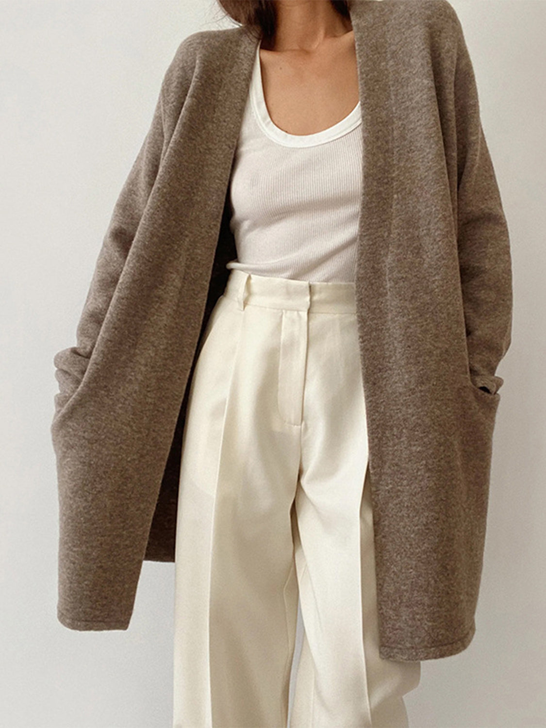 Open Front Long Sleeve Cardigan with Pockets - felvior