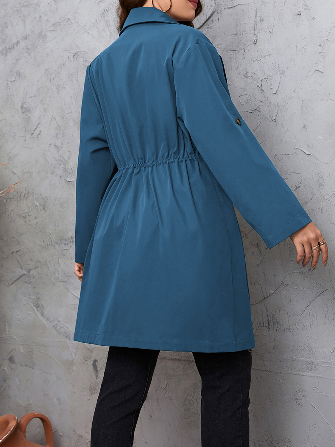 Honey Plus Size Lapel Collar Drawstring Roll-Tab Sleeve Trench Coat - felvior