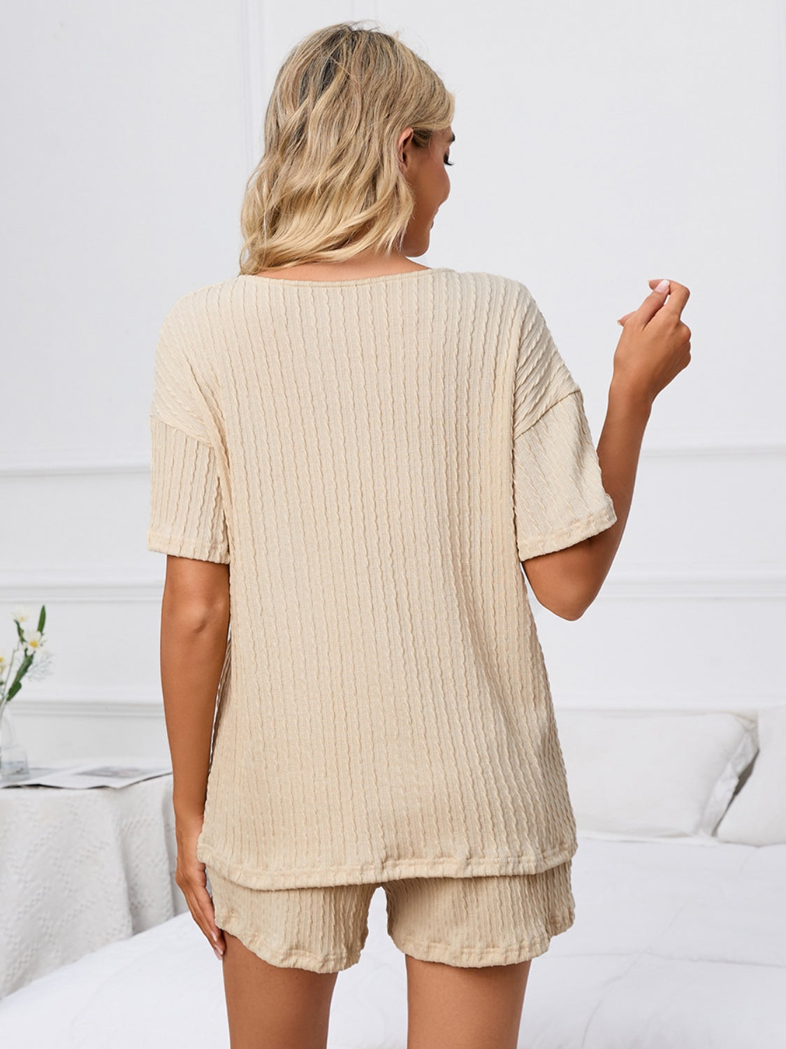 Notched Short Sleeve and Shorts Lounge Set - felvior