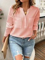 Devine Pocketed Notched Long Sleeve Blouse