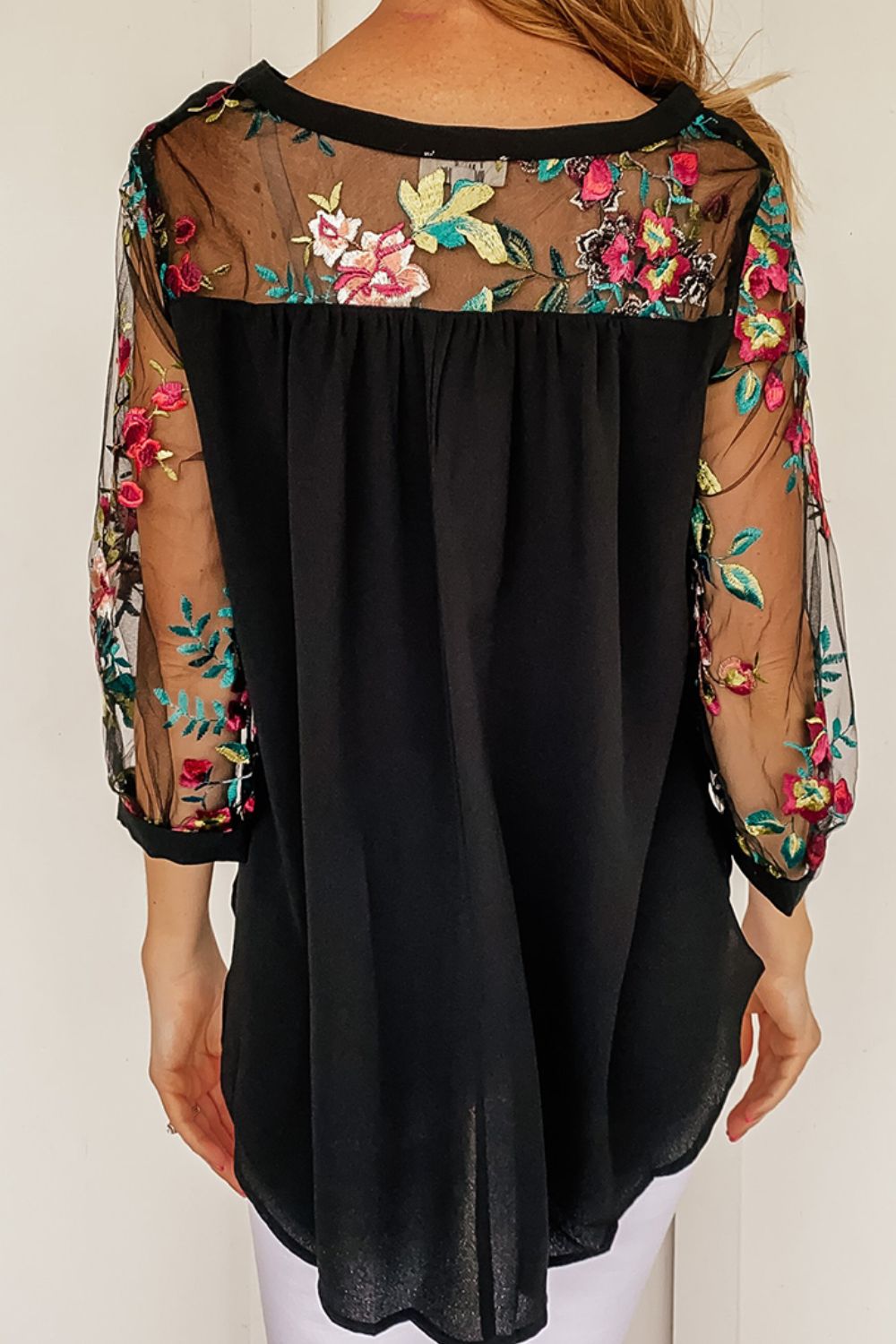Floral Embroidered Sleeve Round Neck Blouse - felvior