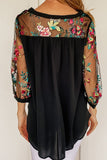Floral Embroidered Sleeve Round Neck Blouse - felvior