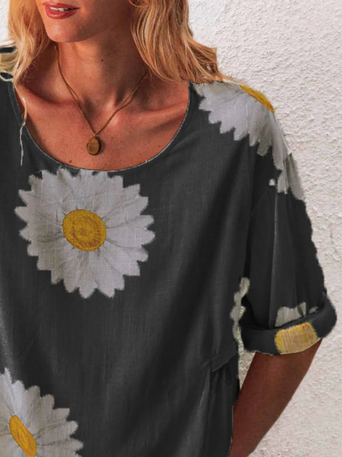 Full Size Flower Round Neck Half Sleeve T-Shirt Plus Size