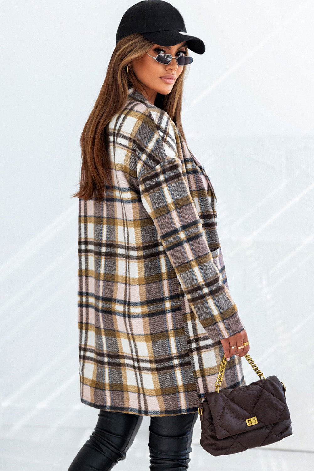 Plaid Longline Jacket with Pockets - felvior