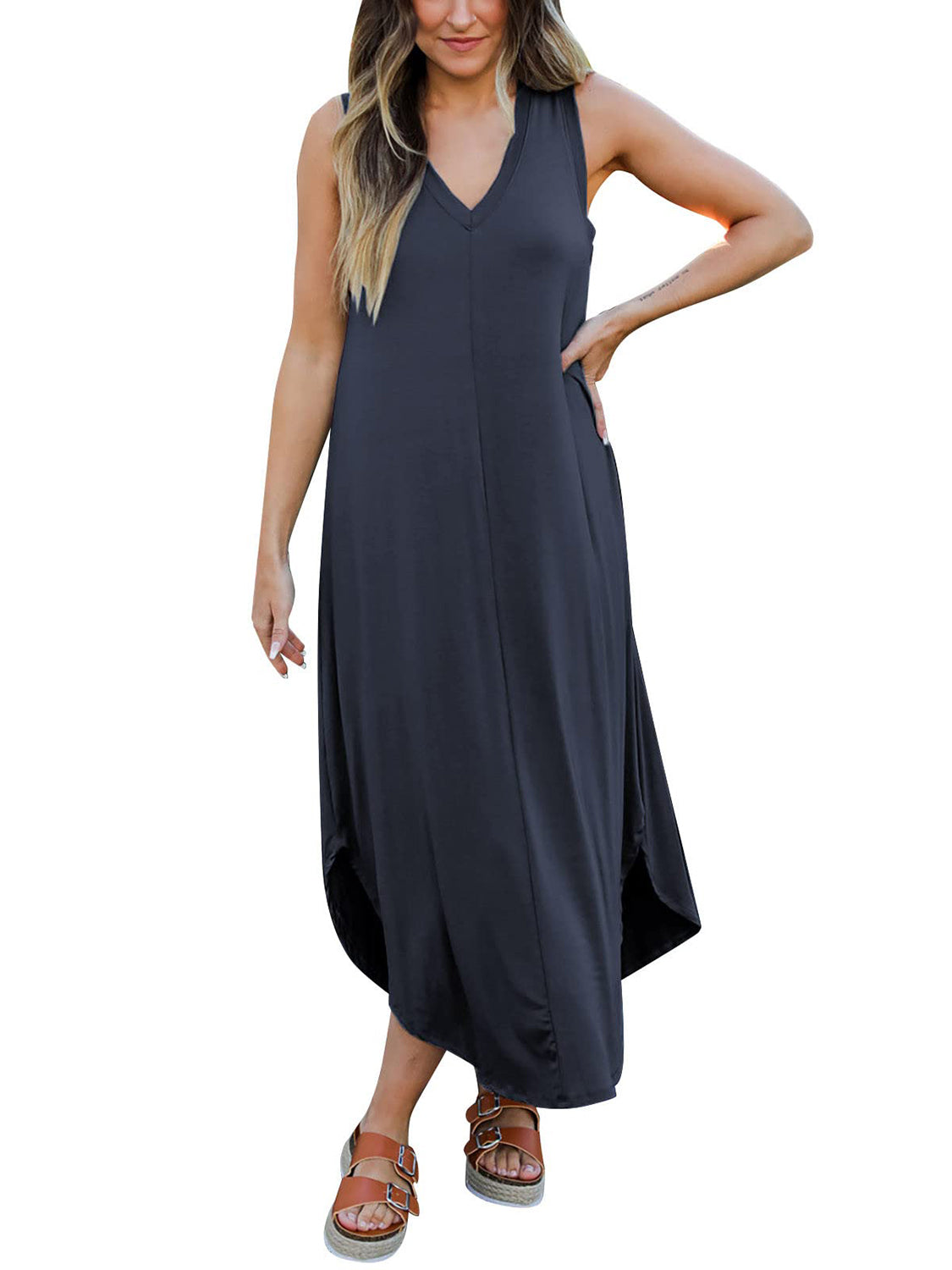 Full Size V-Neck Midi Tank Dress - felvior