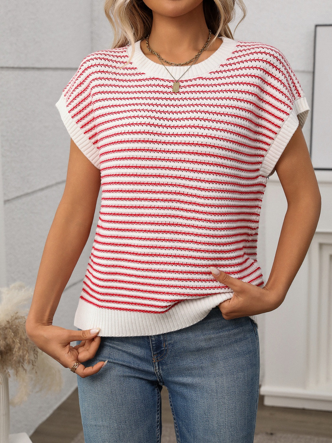 Striped Round Neck Short Sleeve Knit Top - felvior