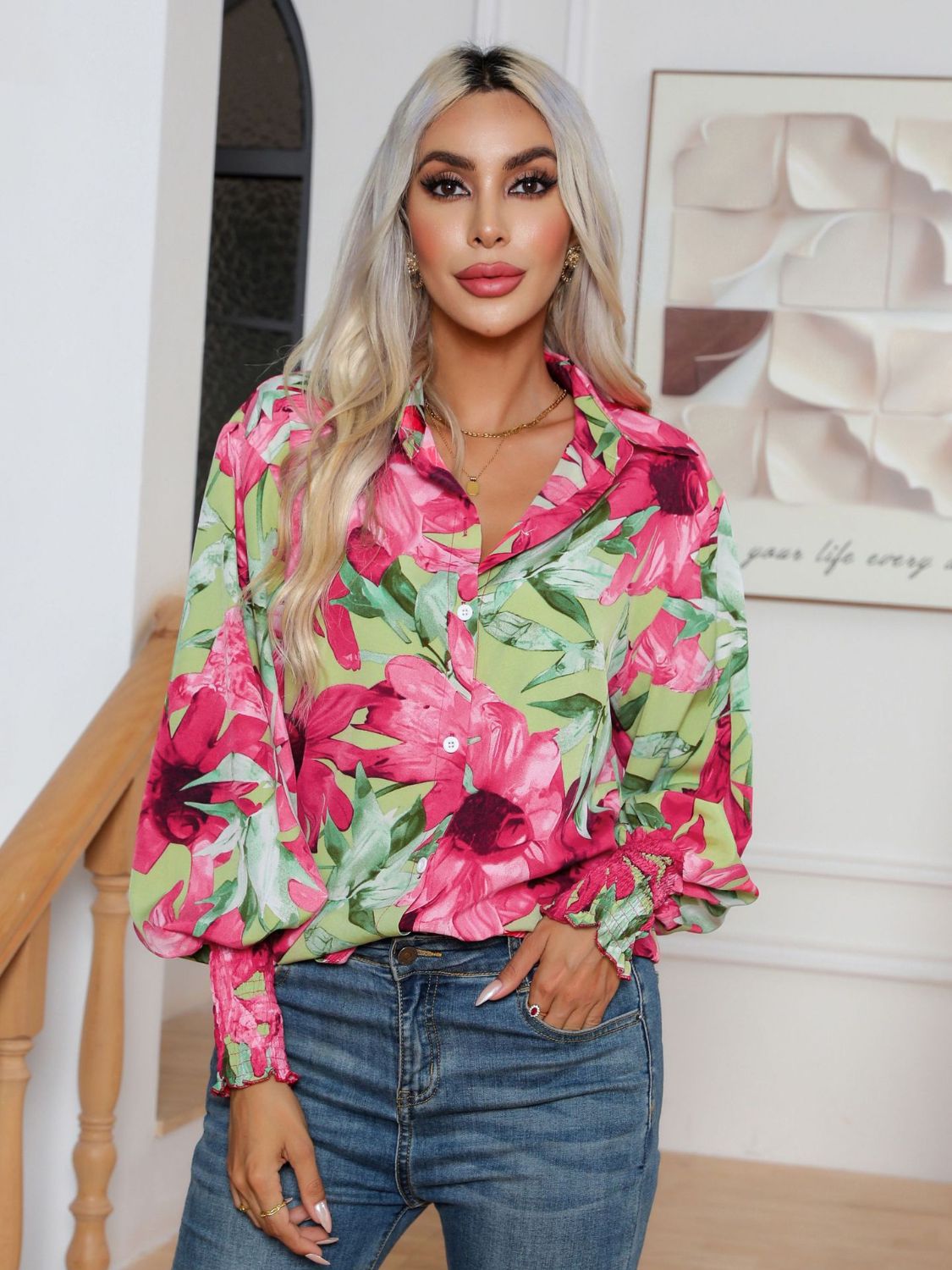 Button Down Printed Long Sleeve Shirt - felvior
