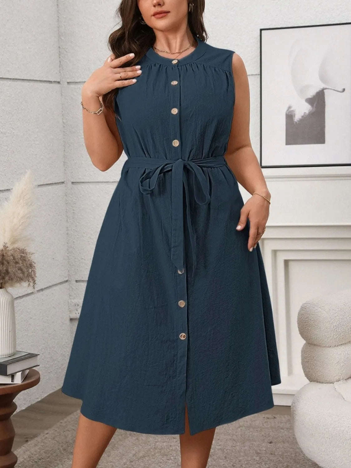 Plus Size Button Front Tie Waist Sleeveless Dress