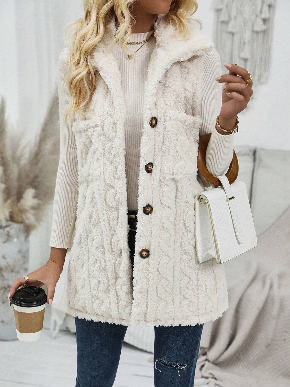 Fuzzy Button Up Vest Coat - felvior
