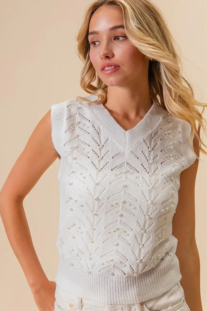 BiBi Chevron Pointelle Pearl Knit Top