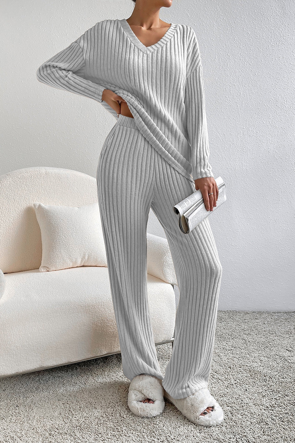 Ribbed V-Neck Top and Pants Lounge Set - felvior