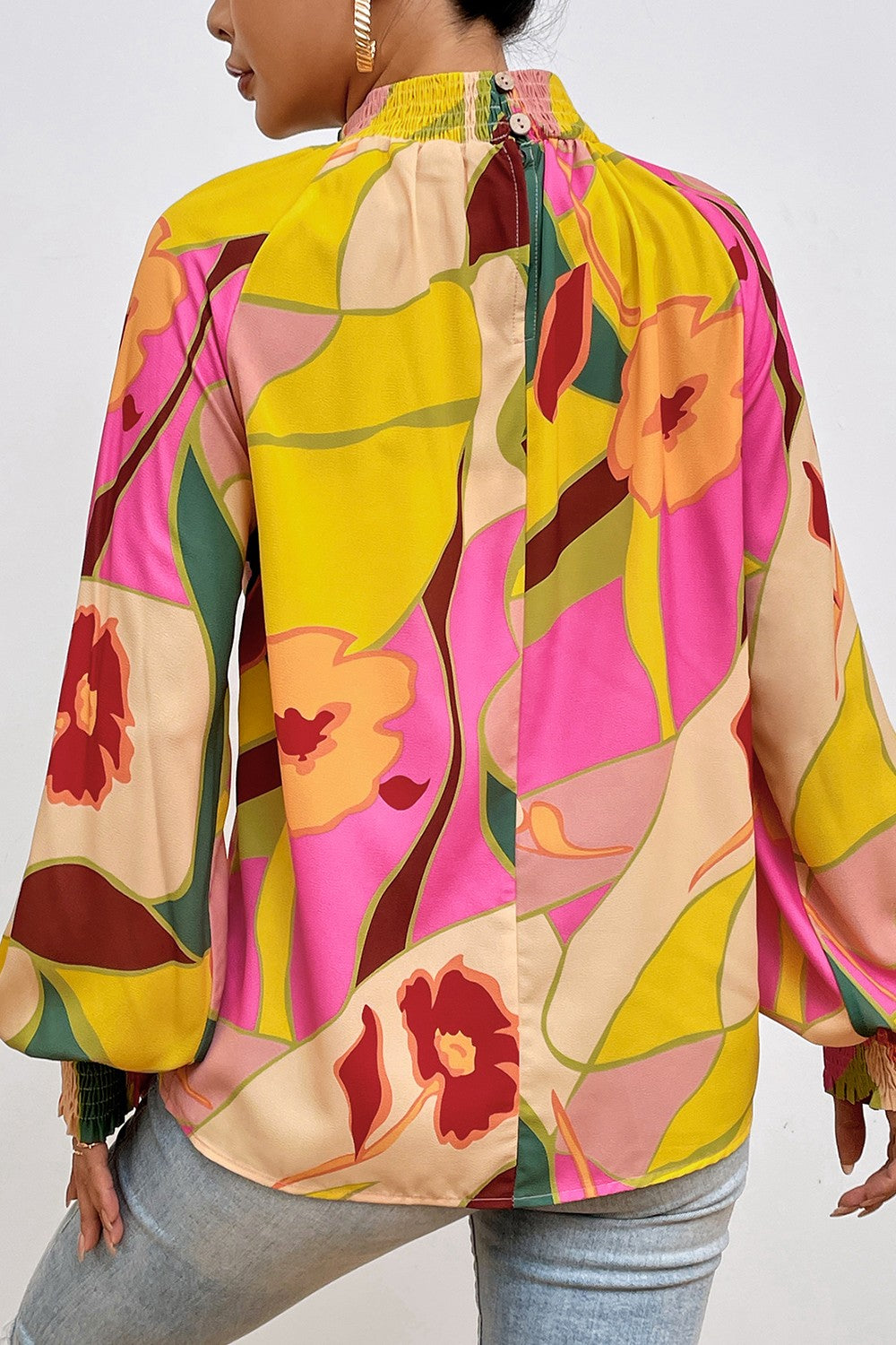 Floral Smocked Lantern Sleeve Mock Neck Blouse - felvior