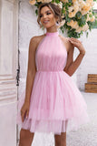 Halter Neck Backless Mesh Dress - felvior