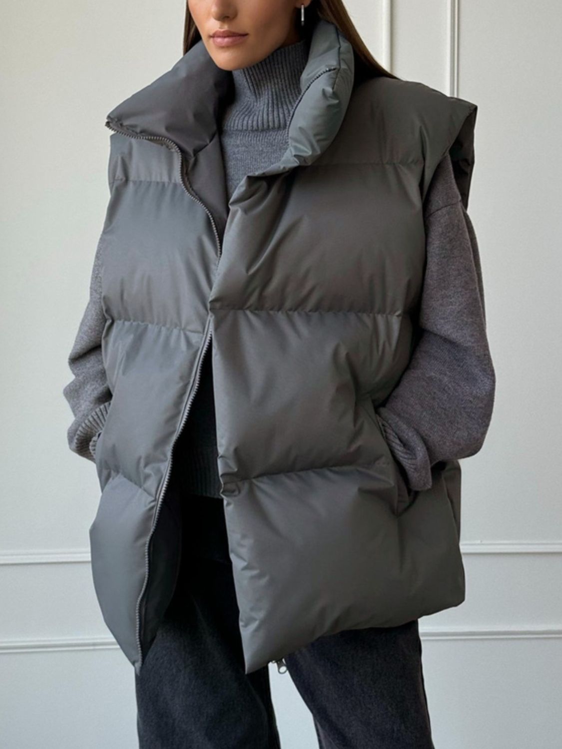 Zip Up Turtleneck Vest Coat - felvior