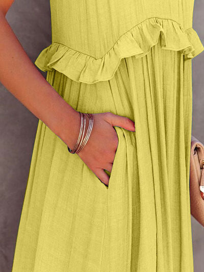 Ruffled Sleeveless Tiered Maxi Dress with Pockets - felvior