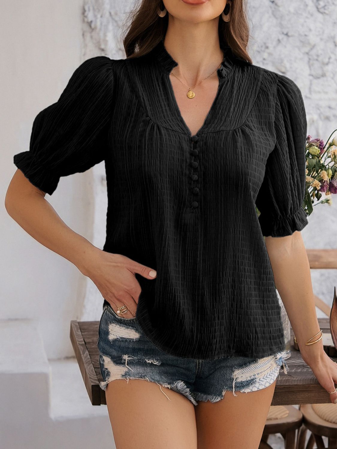 Devine Frill Notched Short Sleeve Blouse - felvior