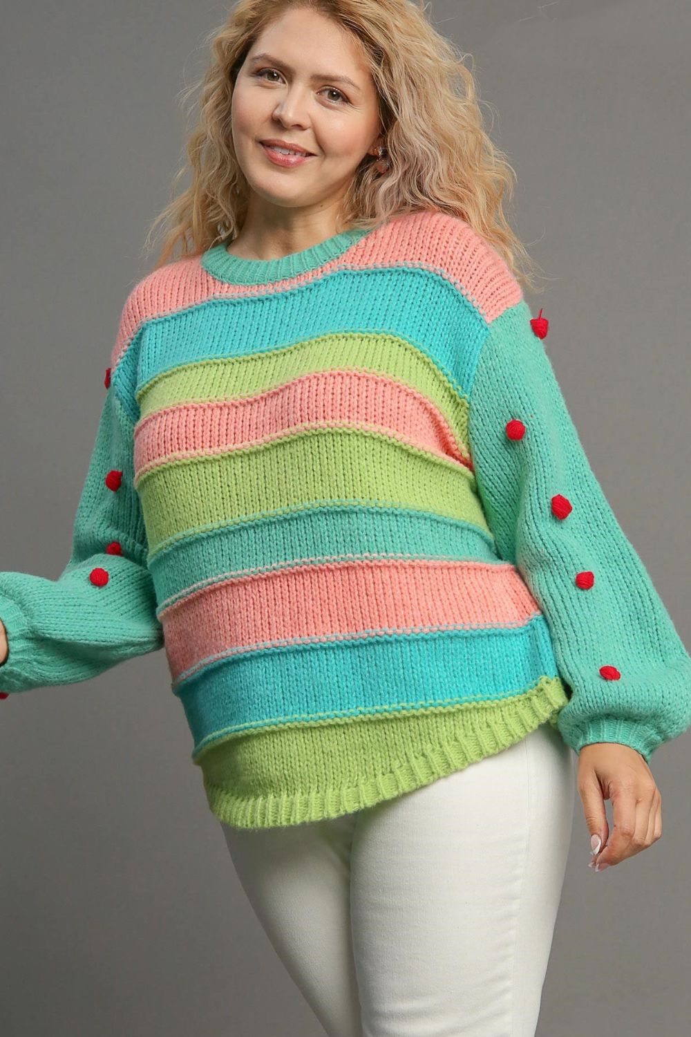 Umgee Full Size Color Block Cable Knit Sweater with Pom Pom Plus Size