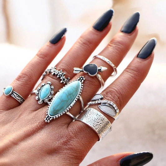 Turquoise Alloy 8-Piece Ring Set - felvior