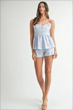 MABLE Stripe Embroidered Peplum Cami and Shorts Set