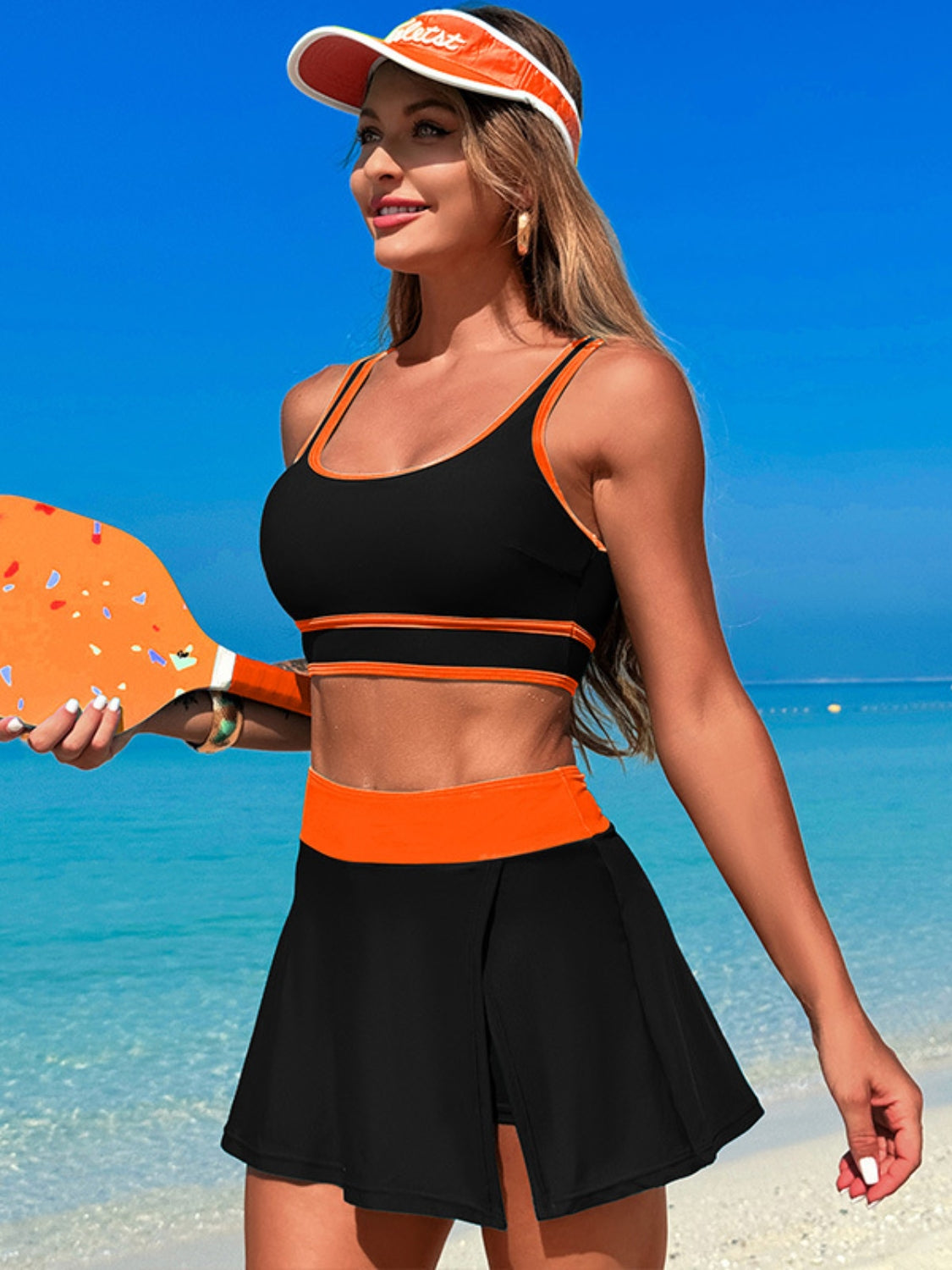 Scoop Neck Top and Skort Swim Set - felvior
