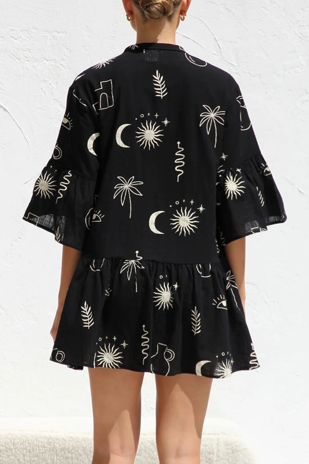 Ruched Printed Three-Quarter Sleeve Mini Dress - felvior