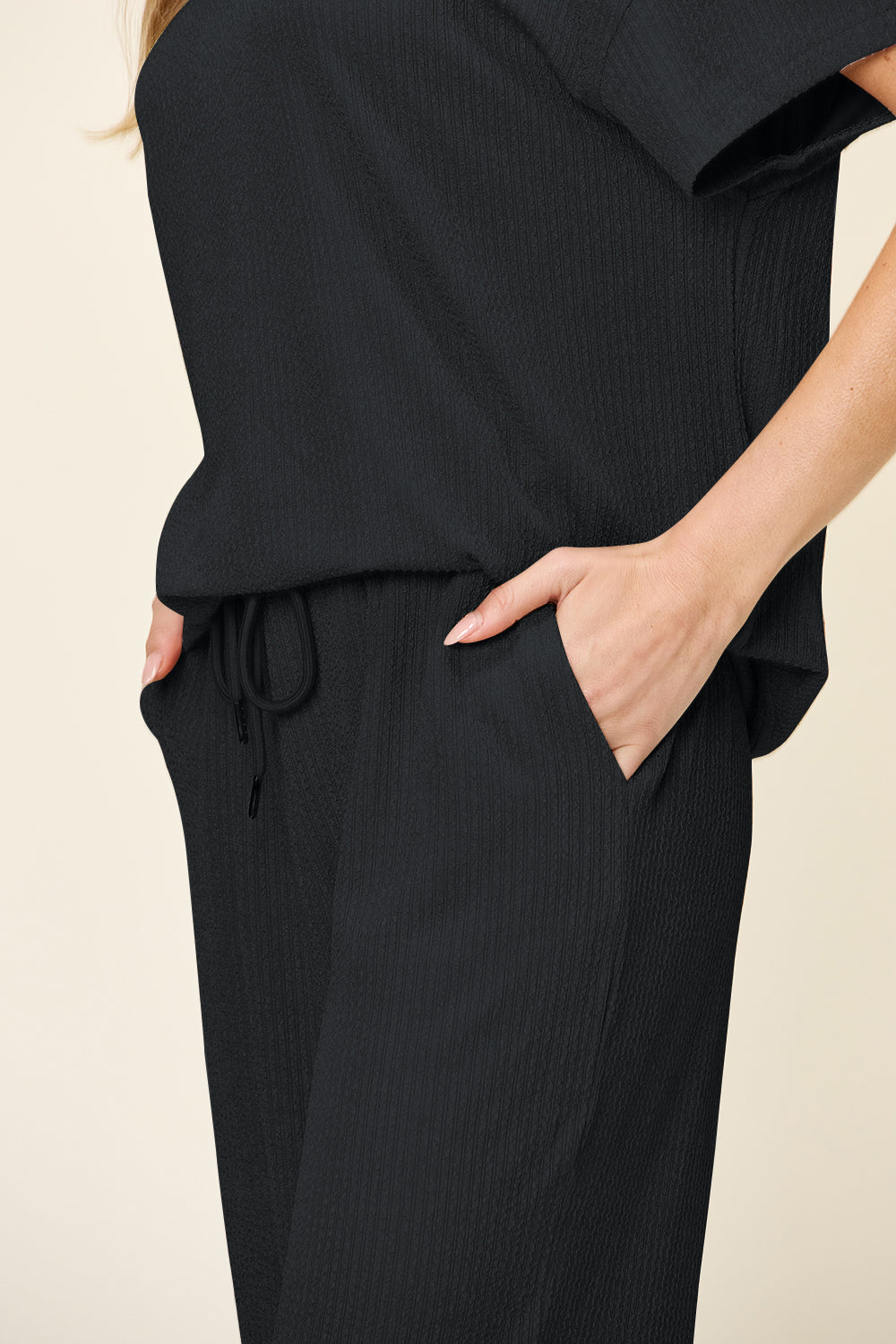 Double Take Full Size Texture Round Neck Short Sleeve T-Shirt and Wide Leg Pants - felvior