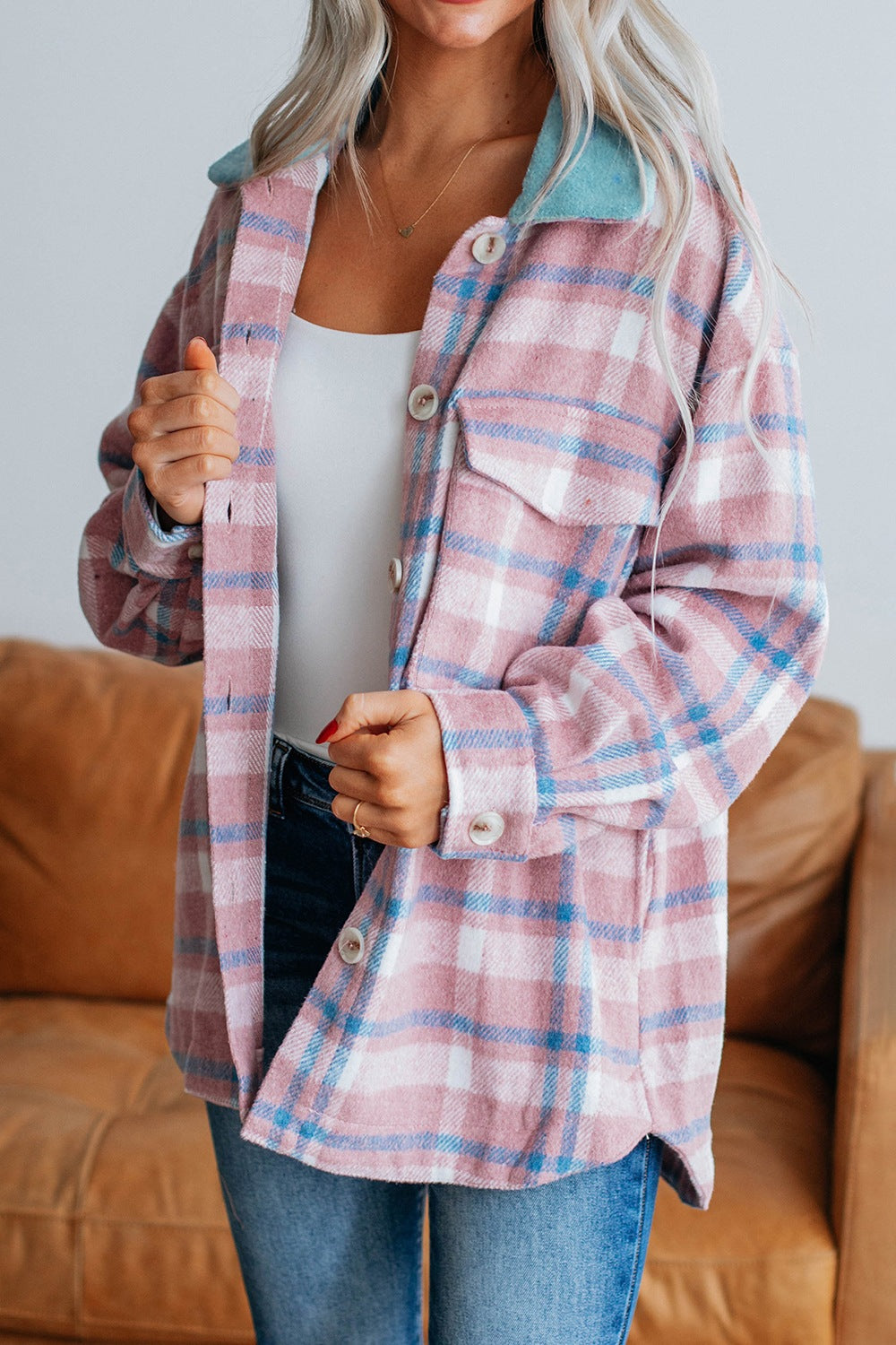 Plaid Collared Neck Flap Pockets Shacket - felvior